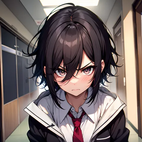 1girl, black hair, short hair, messy hair, white eyes, big pupil, expressive face, medium chest size, blushing but also angry, shouting at me, blazer school uniform, tie, at school corridor