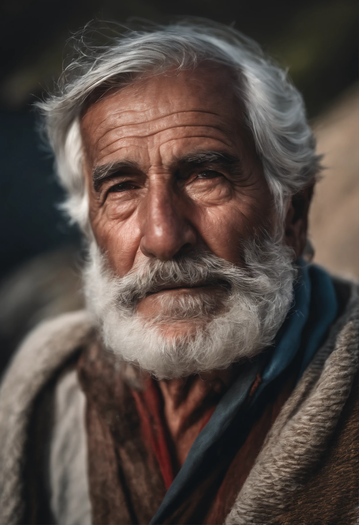 Award-winning portrait photo of an older, gray-haired medieval fisherman wearing a serha sweater with wrinkles on his face, red de pesca, barco (In English), ocean, Olas, Mountain cliff with crashing waves, tormentoso, Izquierda, ser, (Backlighting: 1.3), Pintura digital, Arte conceptual, liso, foco nítido, Regla de los tercios, DarkFantasy, Detalles intrincados, Plan medio