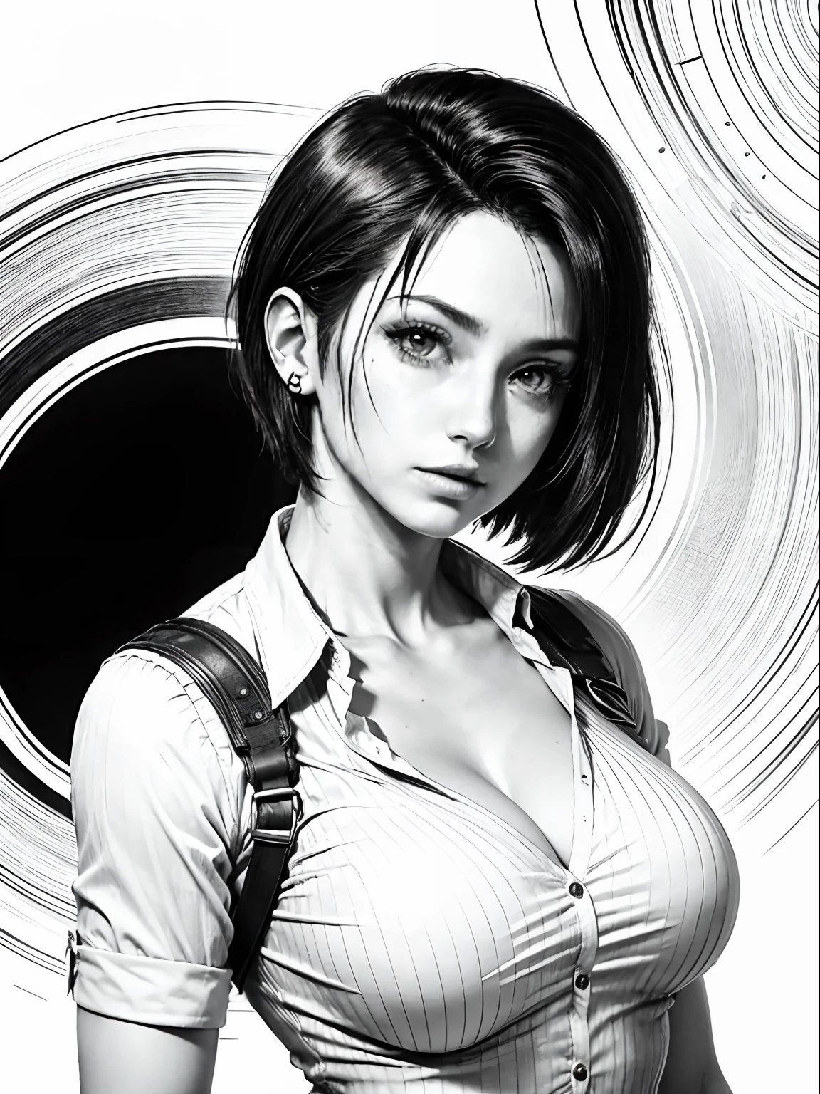Tifa Lockhart (final fantasy VII), 23 years old, short hair (pixie cut), pointed nose, thin lips, busty, wearing formal shirt (white), {centered image}, {just face and chest photo}, manga lineart (monochrome)