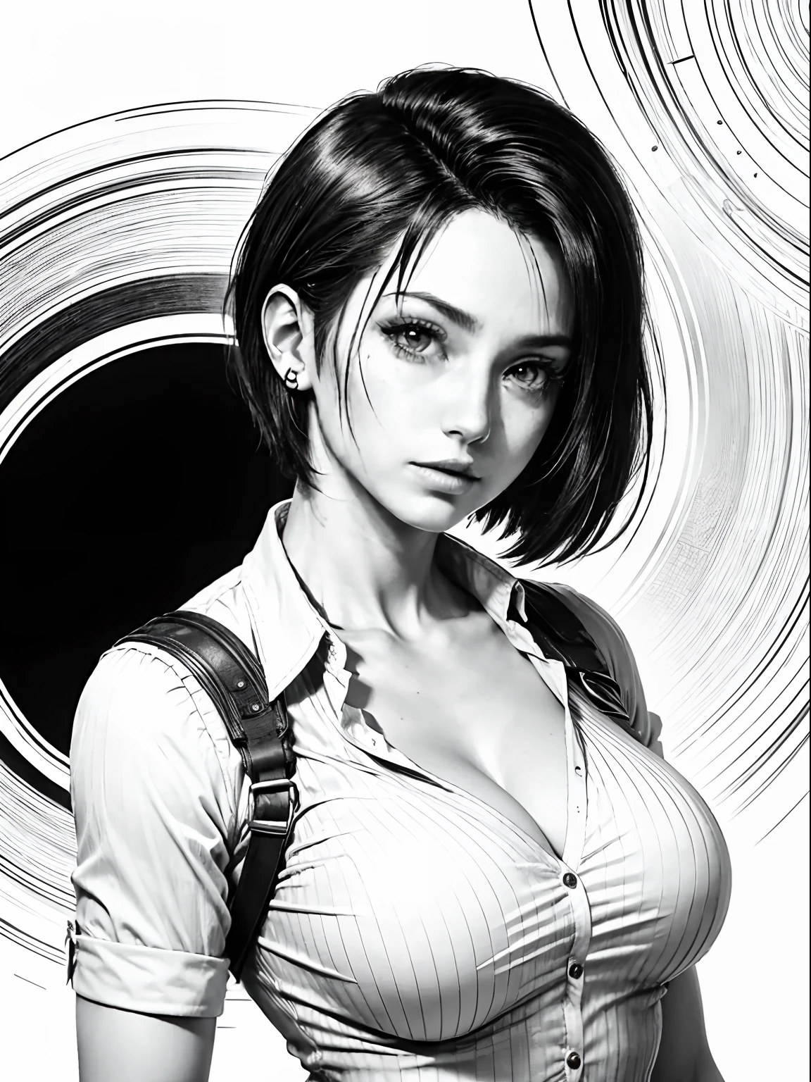 Tifa Lockhart (Final Fantasy VII), 2, Cheveux courts (coupe de lutin), Nez pointu, Lèvres fines, gros seins, Porter une chemise formelle (blanc), {Image centrée}, {juste une photo du visage et de la poitrine}, manga linéaire (Monochromes)