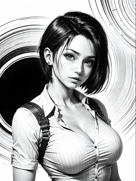Tifa Lockhart (final fantasy VII), 23 years old, short hair (pixie cut), pointed nose, thin lips, busty, wearing formal shirt (w...