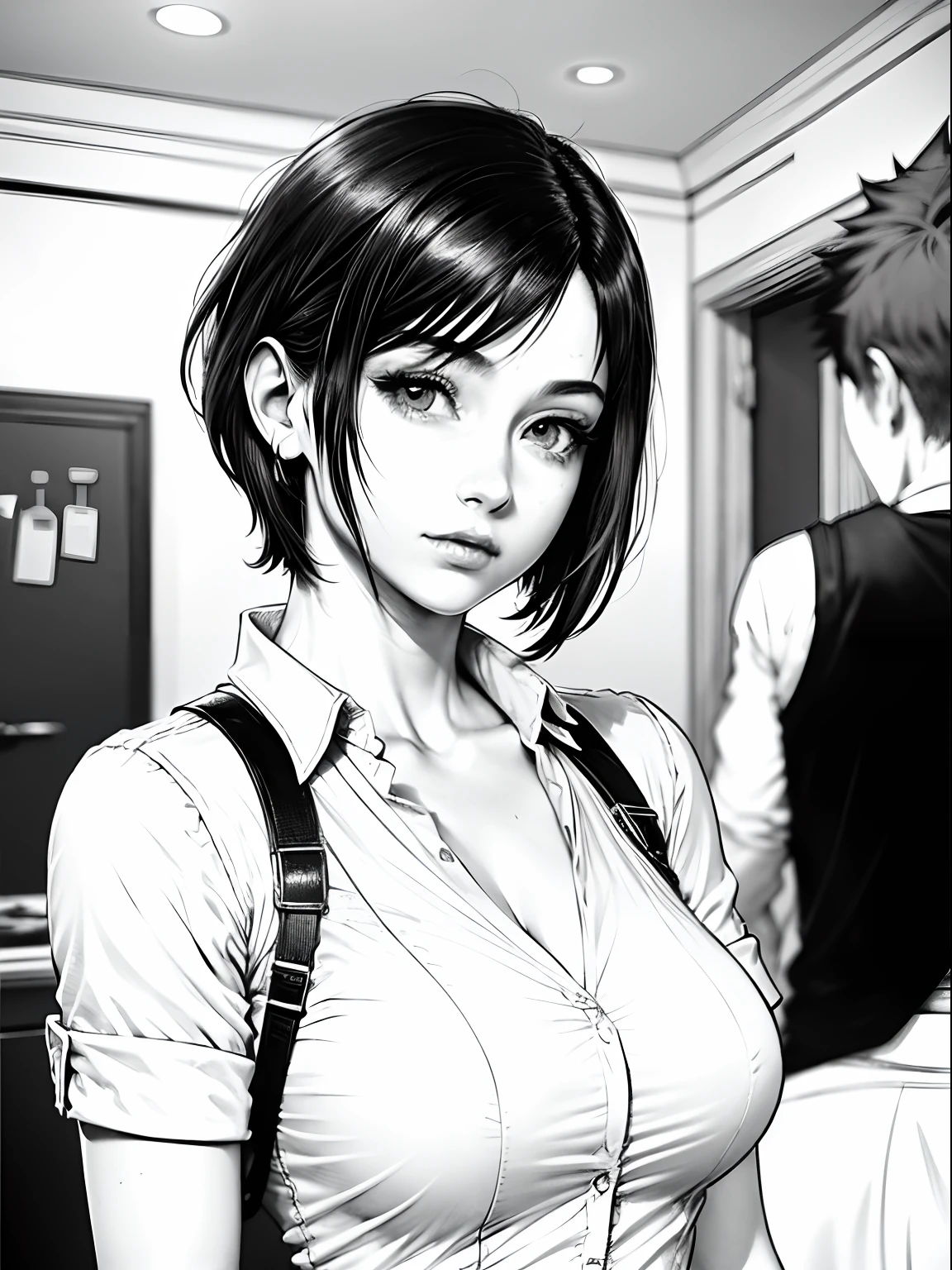 Tifa Lockhart (final fantasy VII), 23 years old, short hair (pixie cut), pointed nose, thin lips, busty, wearing formal shirt (white), {centered image}, {just face and chest photo}, manga lineart (monochrome)