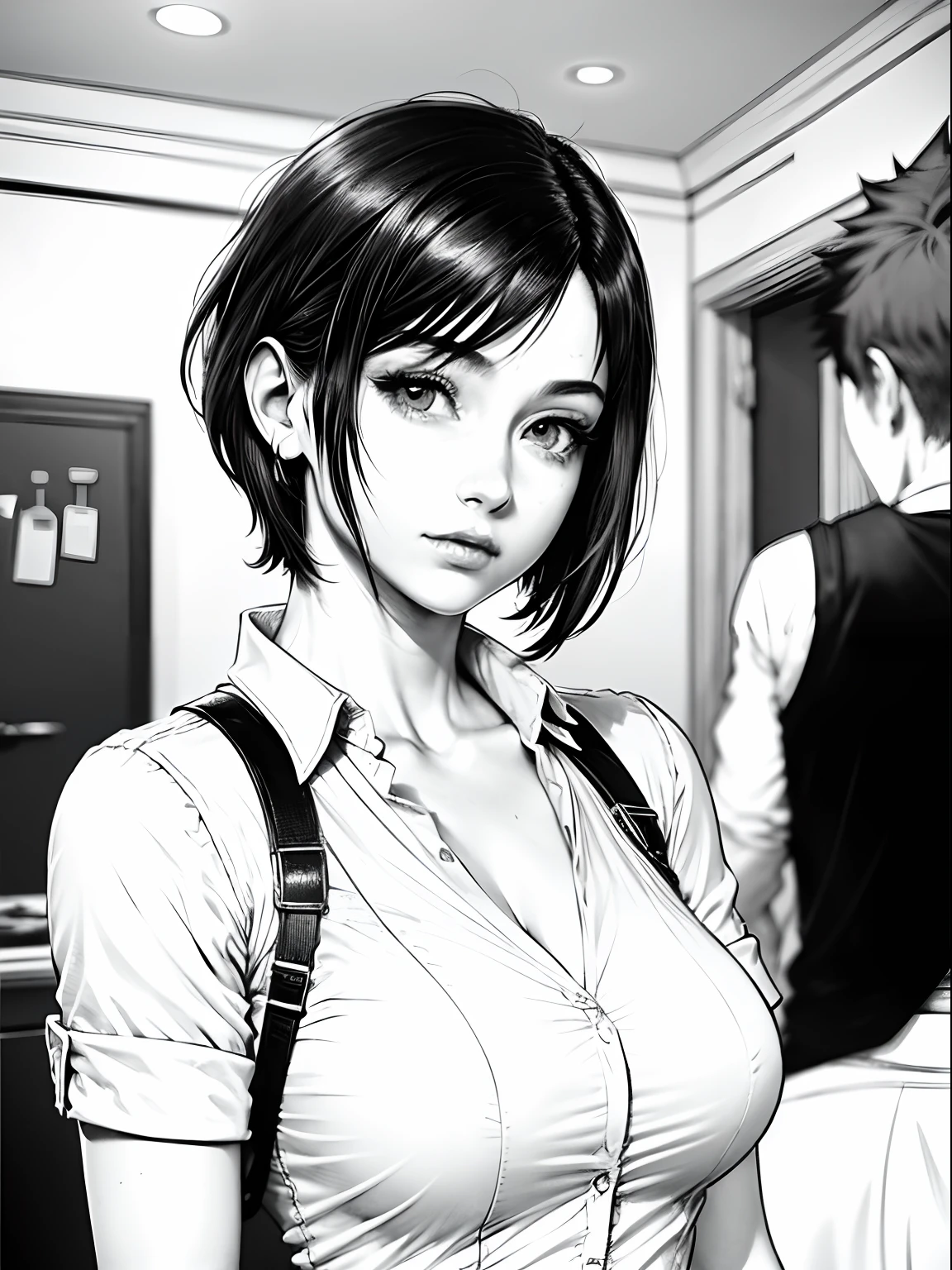 Tifa Lockhart (Final Fantasy VII), 23 años, cabello corto (corte duendecillo), Nariz puntiaguda, labios delgados, tetona, Usando camisa formal (blanco), {imagen centrada}, {solo foto de cara y pecho}, Manga Lineart (Monocromo)