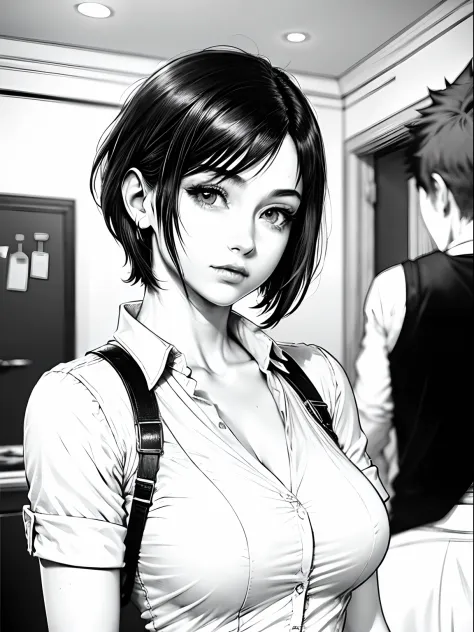 Tifa Lockhart (final fantasy VII), 23 years old, short hair (pixie cut), pointed nose, thin lips, busty, wearing formal shirt (w...
