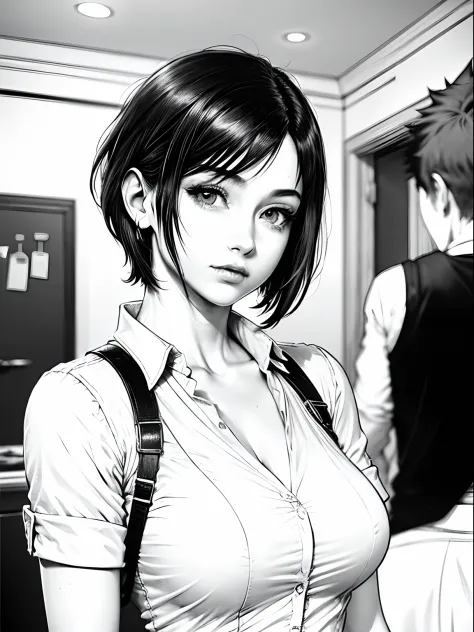 tifa lockhart (final fantasy vii), 23 years old, short hair (pixie cut), pointed nose, thin lips, busty, wearing formal shirt (w...