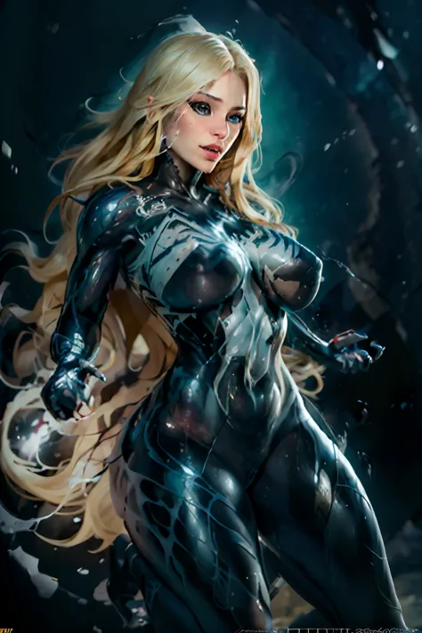 (best quality,4k,8k,highres,masterpiece:1.2),ultra-detailed,(realistic,photorealistic,photo-realistic:1.37),beautiful young woman Venomized,long strabarry blonde hair,soft blue eyes with a hint of mystery,big bouncing breasts catching the light, Klyntar sy...