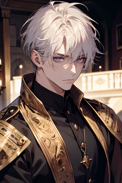 1male, calm, age 35 face, short messy with bangs, white hair, amethyst colored eyes, royalty, prince, black clothes, in a castle...