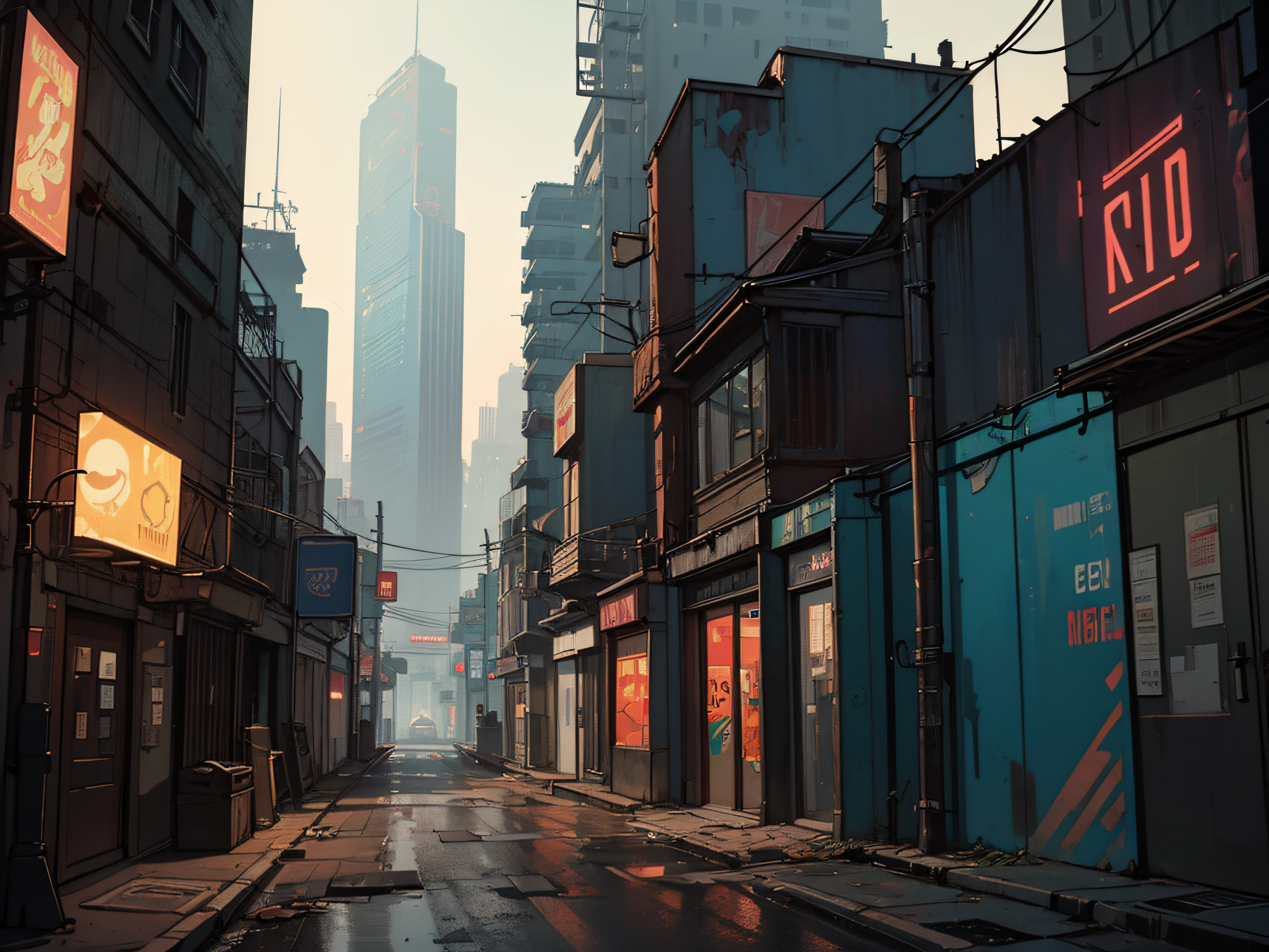 an aged, narrow alleyway in a futuristic city, framed by towering skyscrapers adorned with holographic advertisements; the alleyway is dimly lit, with rusted pipes and cracked pavement, contrasting the high-tech surroundings (Beeple-inspired:1.2) (grunge:1.1) (retro-futurism:1.1) (contrasts:1.2) (gritty ambiance) (vintage tones) (urban decay) (digital graffiti) (cyber-relics)