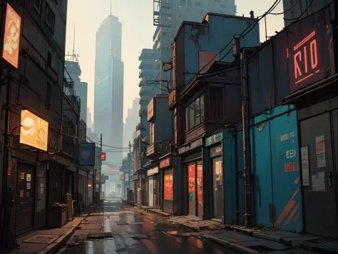 an aged, narrow alleyway in a futuristic city, framed by towering skyscrapers adorned with holographic advertisements; the alley...