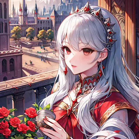 gray hair woman, gray eyes, royalty, red dress, red jewelry, red earrings, lunar, nobility, noblewoman, high quality, highly det...