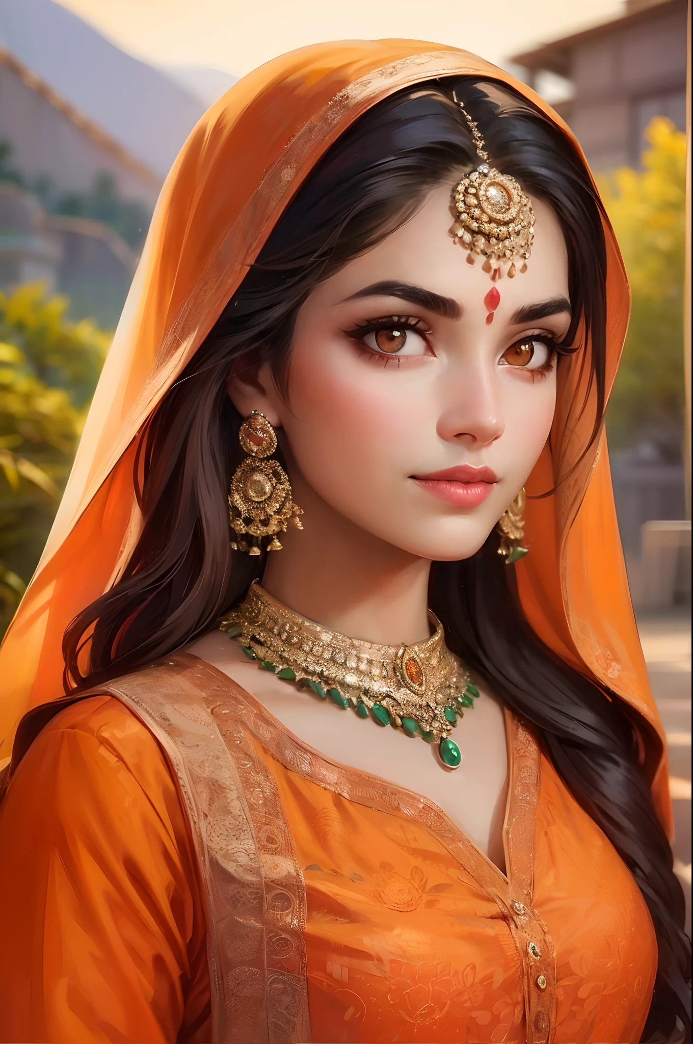 Générez un superbe portrait d&#39;une belle femme de 30 ans dans un paysage pittoresque. (Beau visage), (joli visage). She is wearing an elegant orange kurta that complements her peau claire, (peau claire), (peau blanche), (Lèvres roses), avec ses cheveux d&#39;une jolie nuance d&#39;orange clair (Cheveux orange clair), (cheveux orange brillant). Son visage est impeccable. Ses yeux sont captivants,  (un bindi entre ses sourcils), (sindoor rouge), (classeur orange). (Yeux oranges), (yeux parfaits), yeux orange brillants. ((sourcils droits)). La scène est baignée d&#39;éclairage et de couleurs cinématographiques, avec un fond à couper le souffle. L&#39;angle de la caméra est choisi pour être cinématographique, créer une image fascinante.