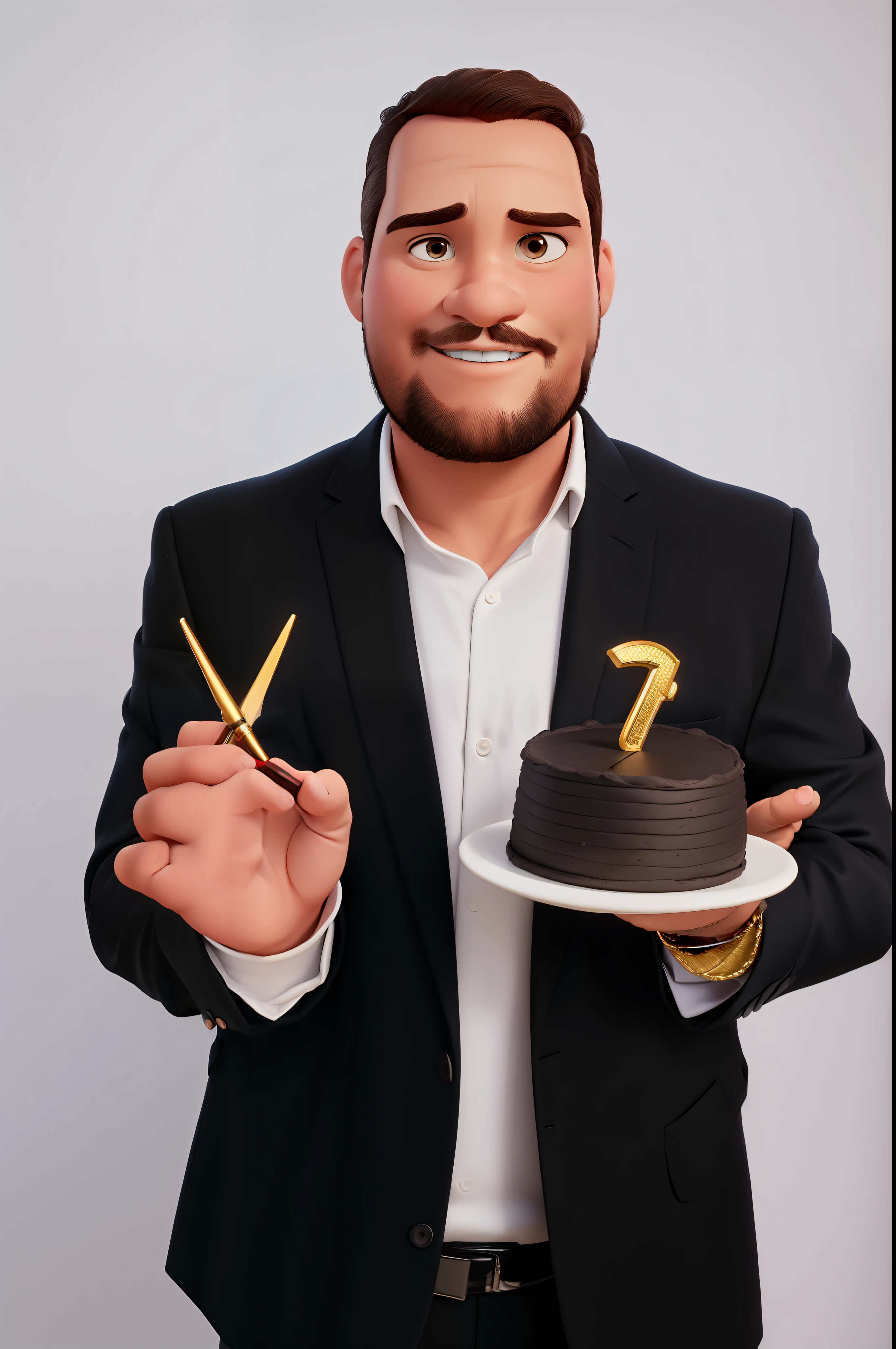 Arafed man in a suit holding a cake and scissors - SeaArt AI