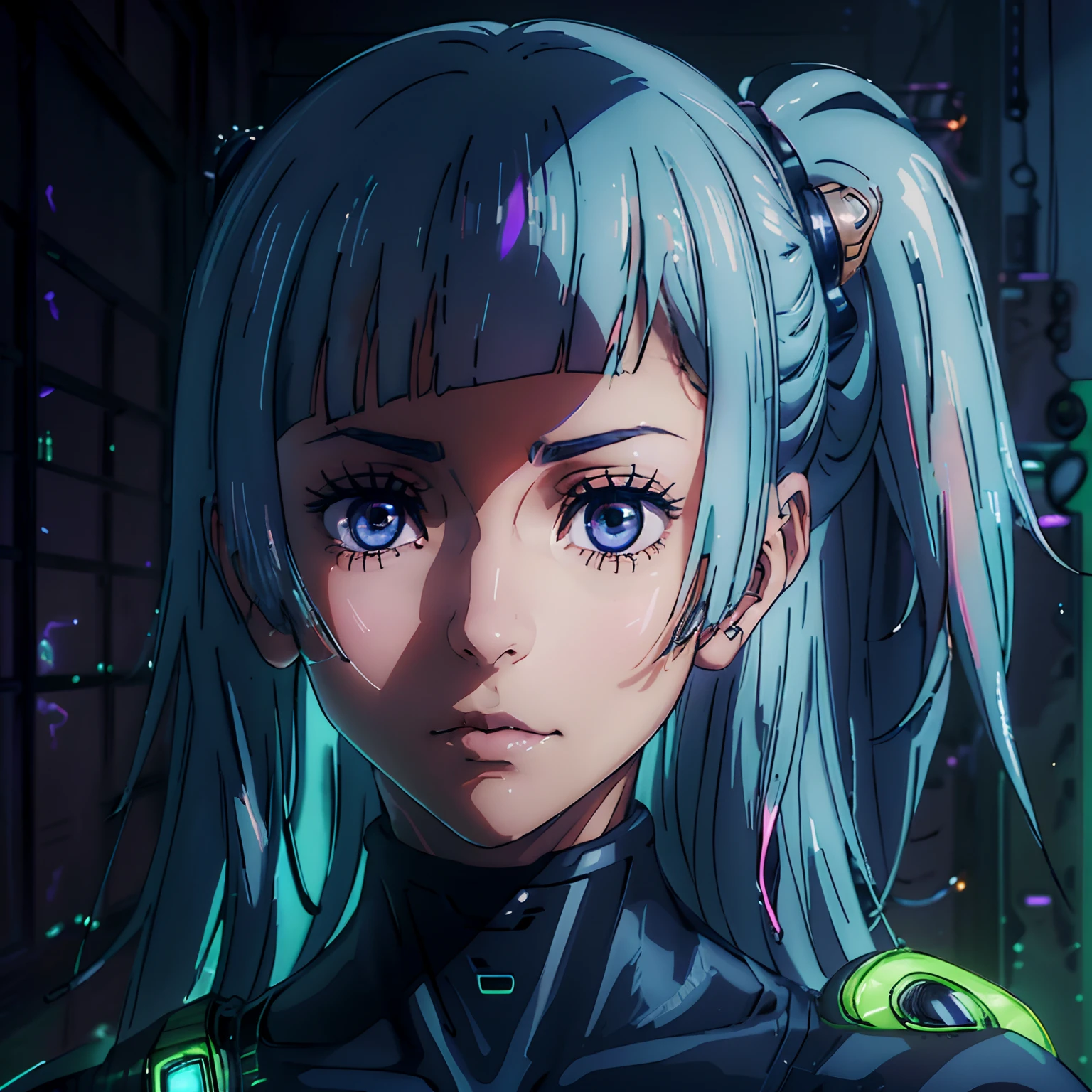 (巨作:1.2, Best Quality), (highly detailed CG Unity 8k wallpaper, best shadow), A highly detailed, (meticulously detailed beautiful eyes: 1.2), (1girll), ((cyborg, High-tech,neon lights)), (cowboy shot:1.2), anime, futuristic, 巨作, Best Quality, highly detail, 4k