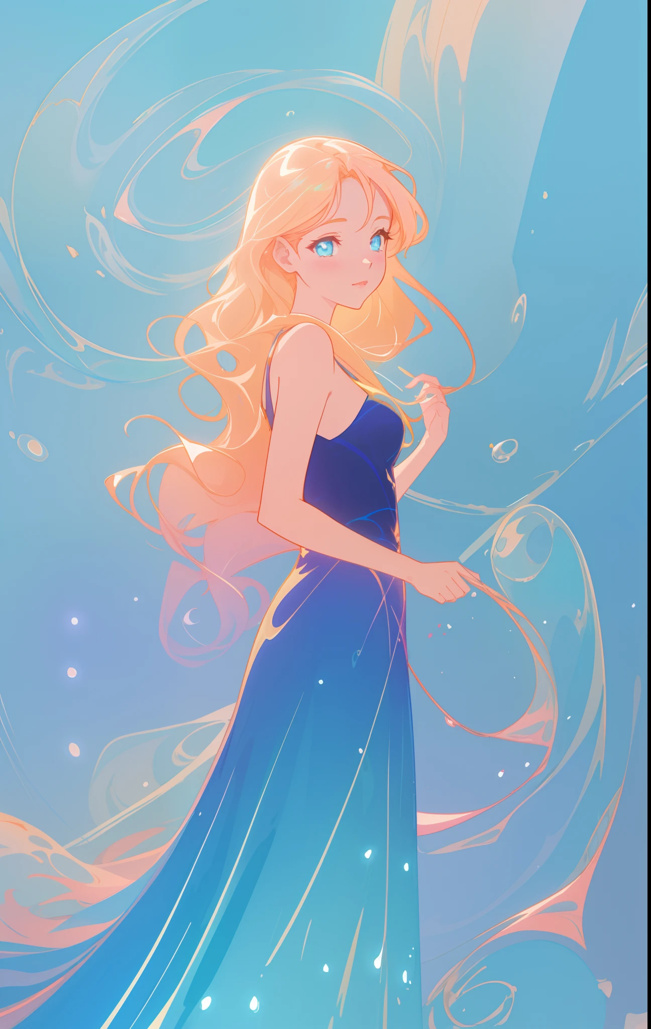 beautiful girl in flowing blue gradient dress, long wavy flowing gold hair, swirling liquid lines background, watercolor illustration, inspired by Glen Keane, inspired by Lois van Baarle, disney art style, by Lois van Baarle, glowing aura around her, by Glen Keane, jen bartel, glowing lights! digital painting, flowing glowing hair, glowing flowing hair, beautiful digital illustration, fantasia otherworldly landscape plants flowers, beautiful, masterpiece, best quality, anime disney style