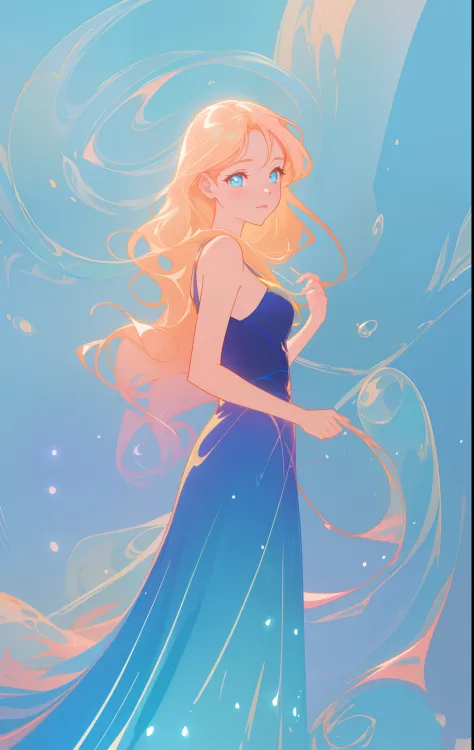 beautiful girl in flowing blue gradient dress, long wavy flowing gold hair, swirling liquid lines background, watercolor illustr...