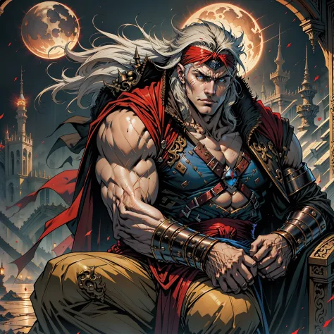 Castlevania seigneur de l’ombre hyper réaliste super détaillé hokuto no ken kenshiro style musclé rouge turban marocain Castleva...