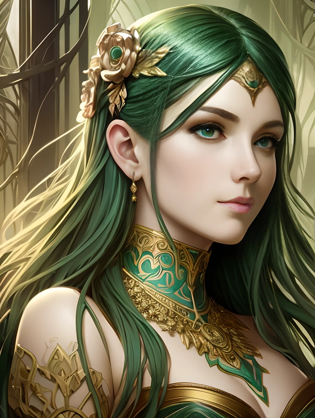 No a, unique portrait of magical green ork female , dark fantasy, gradient green black, dreamy and ethereal, (colour) eyes, one head, golden ratio, peaceful expression, ornate frilly dress, fantasy, intricate, elegant, rainbow bubbles, highly detailed, digital painting, artstation, concept art, smooth,b sharp focus, illustration, art by artgerm and greg rutkowski and alphonse mucha --auto --s2