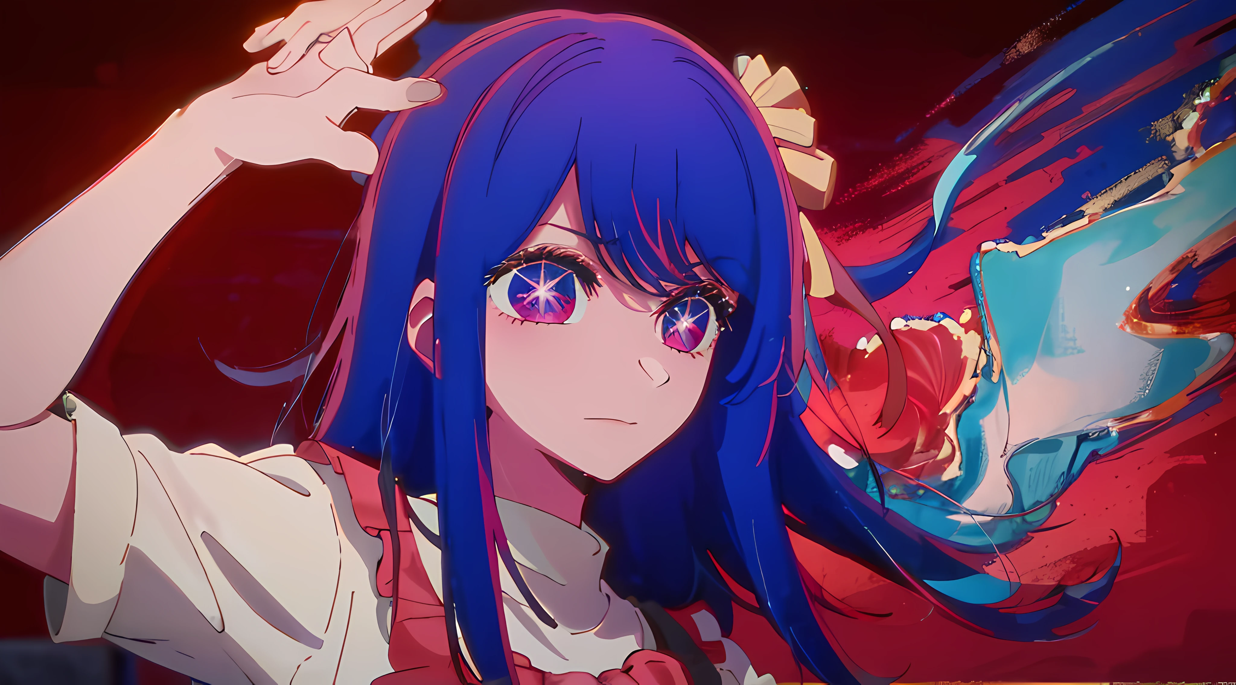 Anime girl with blue hair and purple eyes in front of a red background -  SeaArt AI