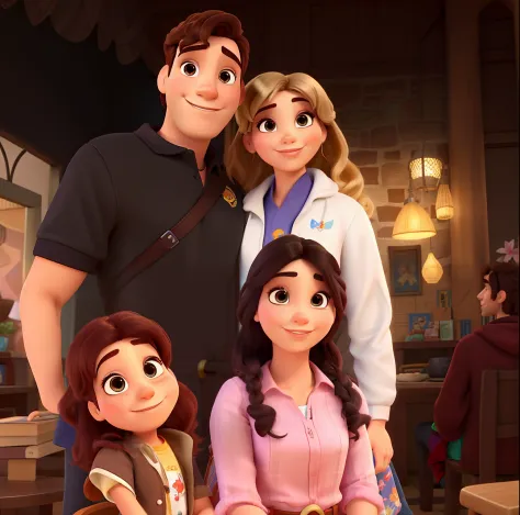 casal homem e mulher e filhas no estilo Disney Pixar, alta qualidade, melhor qualidade