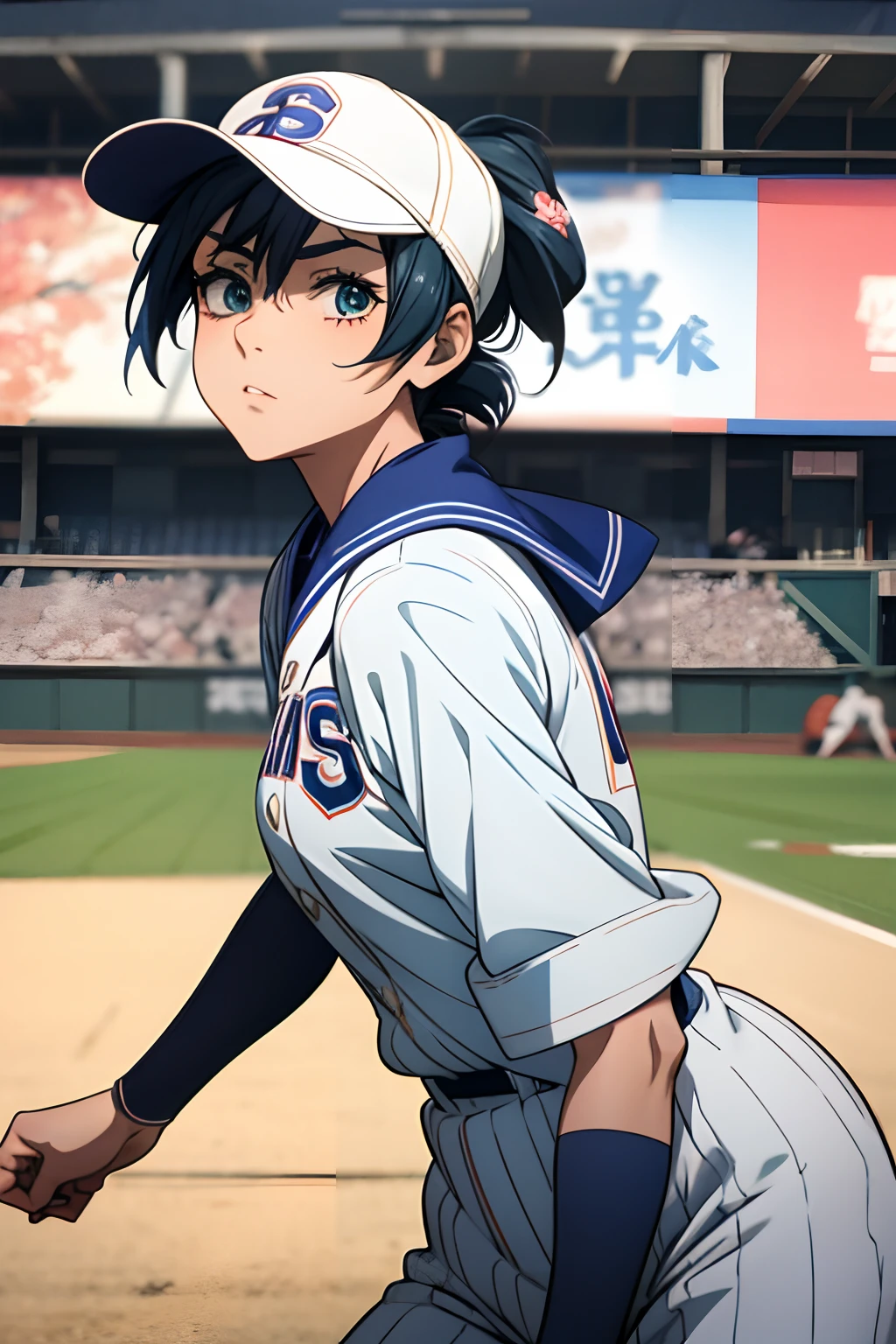 The prompt for the stable diffusion imaging model is:

"Beautiful young Japan woman Ryo Hayakawa, Captain and pitcher of Kisaragi Girls' High School Kisaragi Women's Baseball Team, Princess Nine Anime, [Anime], [Portraits], [Best Quality, hight resolution, Vivid colors], [Beautiful detailed eyes, Beautiful detailed lips, extra detailed face], [Studio Lighting], [Photorealistic], [Ultra-detailed], [Sharp Focus], [Vibrant colors], [Bokeh], [Soft tones], [Natural lighting], [baseball uniform], [Determined expression], [Dynamic Pose], [Green Baseball Stadium], [Cheering Spectators], [Sweat], [Intense gaming atmosphere], [School Environment in Japan], [cherryblossom], [Maple tree in traditional Japan], [School bag], [Baseball gloves], [Baseball Cap], [pennants], [Sunshine], [Camera follows the ball], [high-resolution illustrations], [Capture the emotions of the characters], [Express the spirit of the sport], [Rich artistic details], [Nostalgic atmosphere], [Authentic art style], [Commitment to character design], [emotional depth], [backgroung details], [Classic anime aesthetic]."