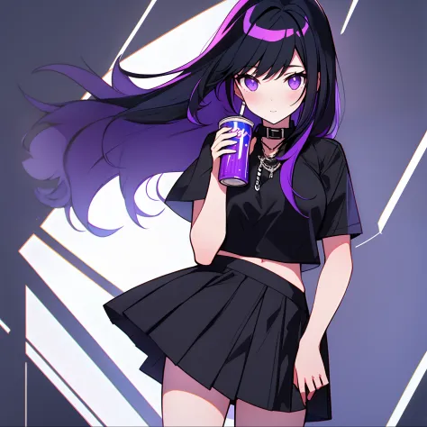 1 girl,solo,holding,soda,black hair,masterpiece, best quality,goth waifu,skirt,purple hair