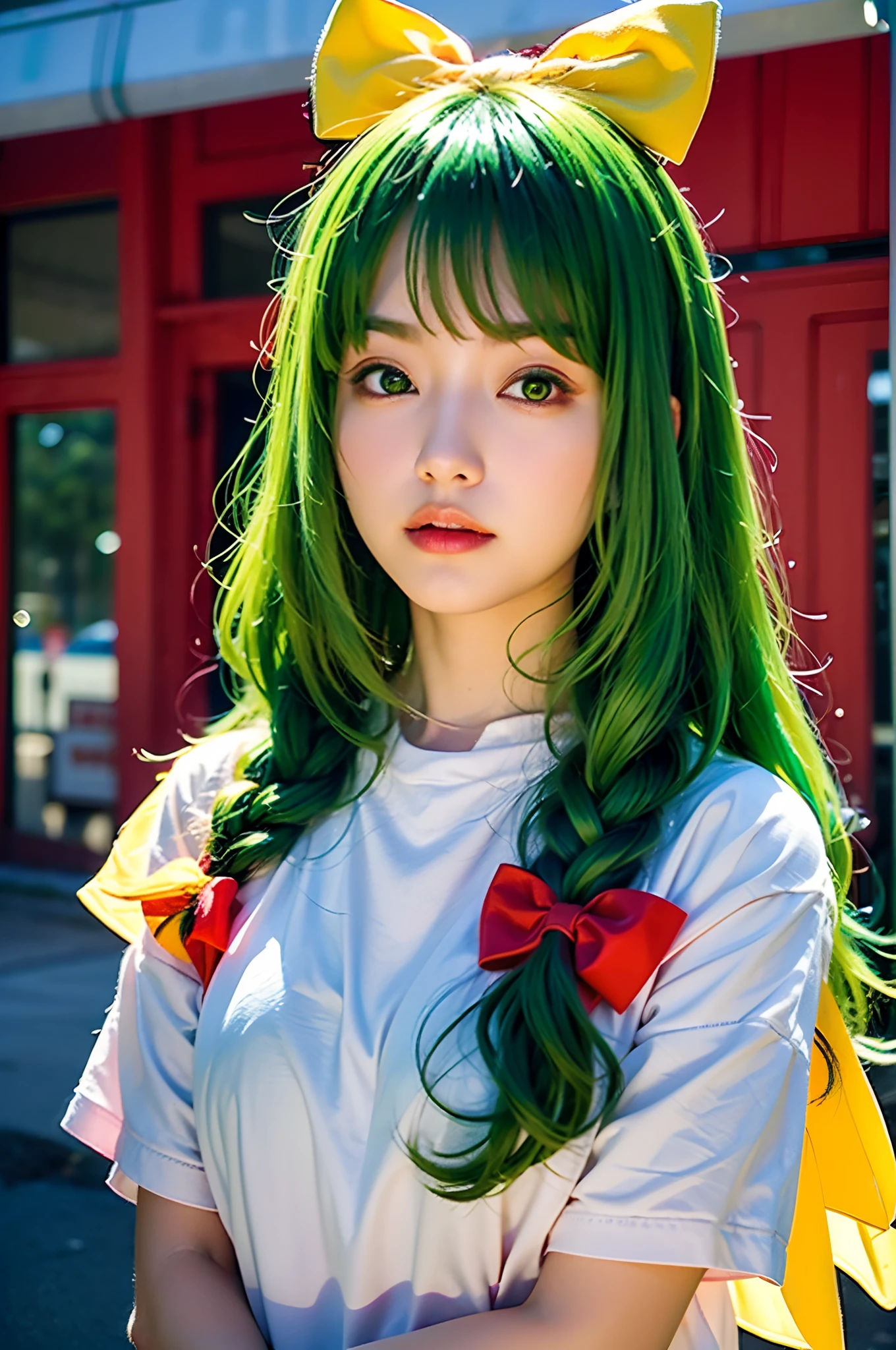 (banchan is a 1girl: 1.0), (green eyes_0.9), (green hair_0.8), (yellow hair_0.7), (hair ombre_0.4), (hair bow_0.5), charming light