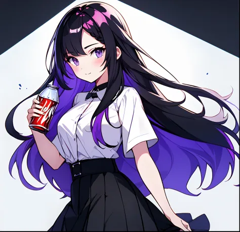 1 girl,solo,holding,soda,black hair,masterpiece, best quality,goth waifu,skirt,purple hair