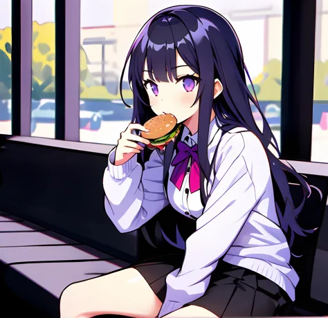 1 girl,solo,eating,burger,black hair,masterpiece, best quality,goth waifu,skirt,purple hair