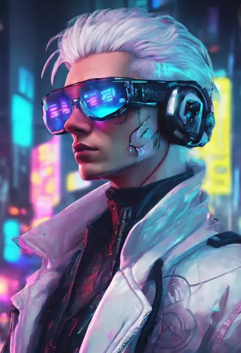 1 male, white hair, male with female features , netrunner - SeaArt AI