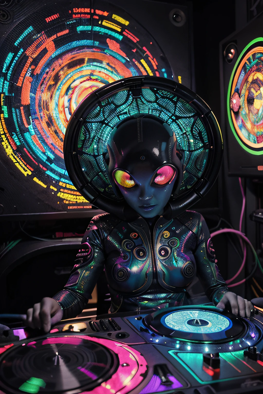 Papel de parede Alien DJ Psy Trance, cyborg , Stimulation de l&#39;art, couleurs vives, Créature extraterrestre détaillée, Motifs psychédéliques tourbillonnants, néons, atmosphère étrange, Style d&#39;art numérique, Résolution 8k