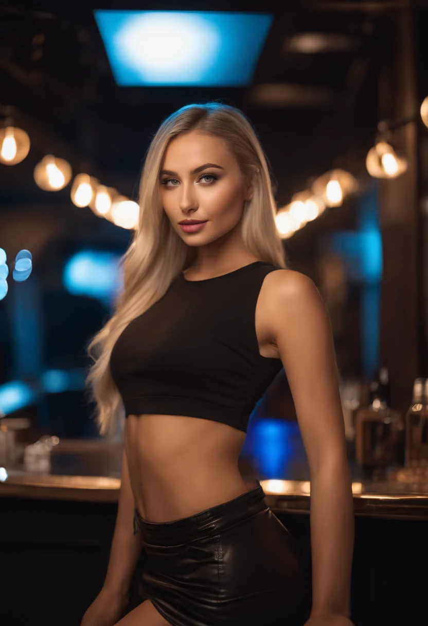 блондинка woman posing in nightclub with matching tank top and skirt,  Сексуальная девушка с голубыми глазами, Портрет Софи Мадд, размытие фона,  Лучшее качество - SeaArt AI