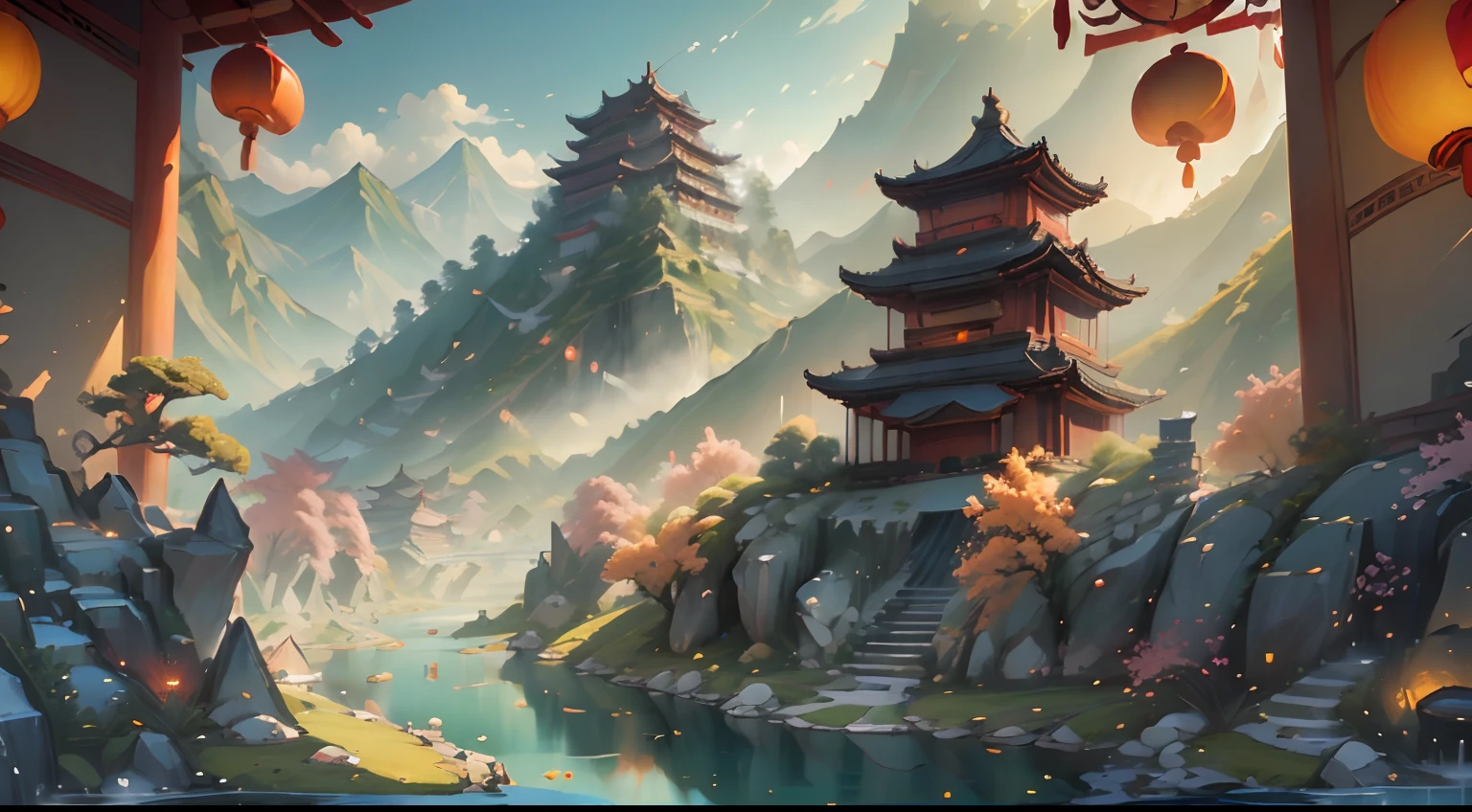 A landscape with mountains and rivers of parchment in the style of ((chino antiguo)) pagoda & Mountains A ((Little Chinese Dragon)) ((muralla china))