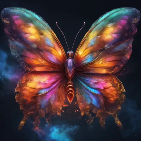 front view, a colorful butterfly surrounded by colored smoke, black background, ultra realistic, lots of details, cinematic light, 4k