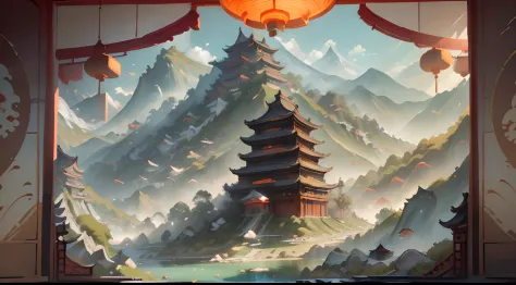 A landscape with mountains and rivers of parchment in the style of ((chino antiguo)) pagoda & Mountains A ((Little Chinese Dragon)) ((muralla china))