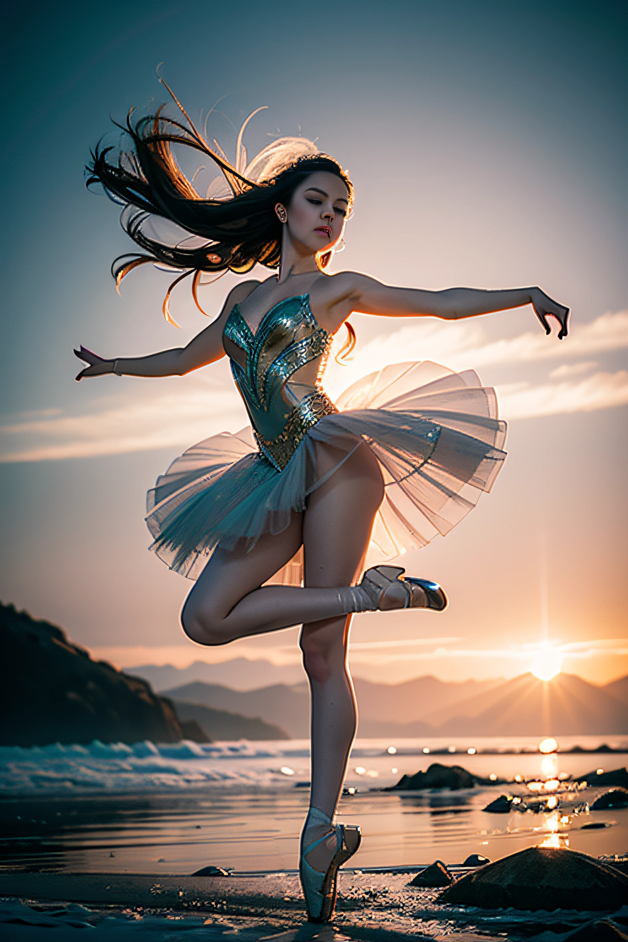 A dynamic portrait captures a ballet dancer mid-leap, frozen in a breathtaking moment of grace and elegance. The subject's graceful pose and flowing costume are highlighted by dynamic lighting and particle effects. The photography style resembles an ethereal watercolor painting, emphasizing fluidity and beauty. Camera parameters: Nikon Z6, f/1.4 aperture, ISO 320, shutter speed 1/500