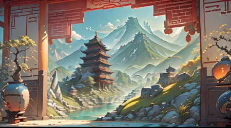 A landscape with mountains and rivers of parchment in the style of ((chino antiguo)) pagoda & Mountains A ((Little Chinese Dragon)) ((muralla china))