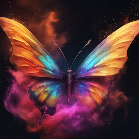 front view, a colorful butterfly surrounded by colored smoke, black background, ultra realistic, lots of details, cinematic light, 4k