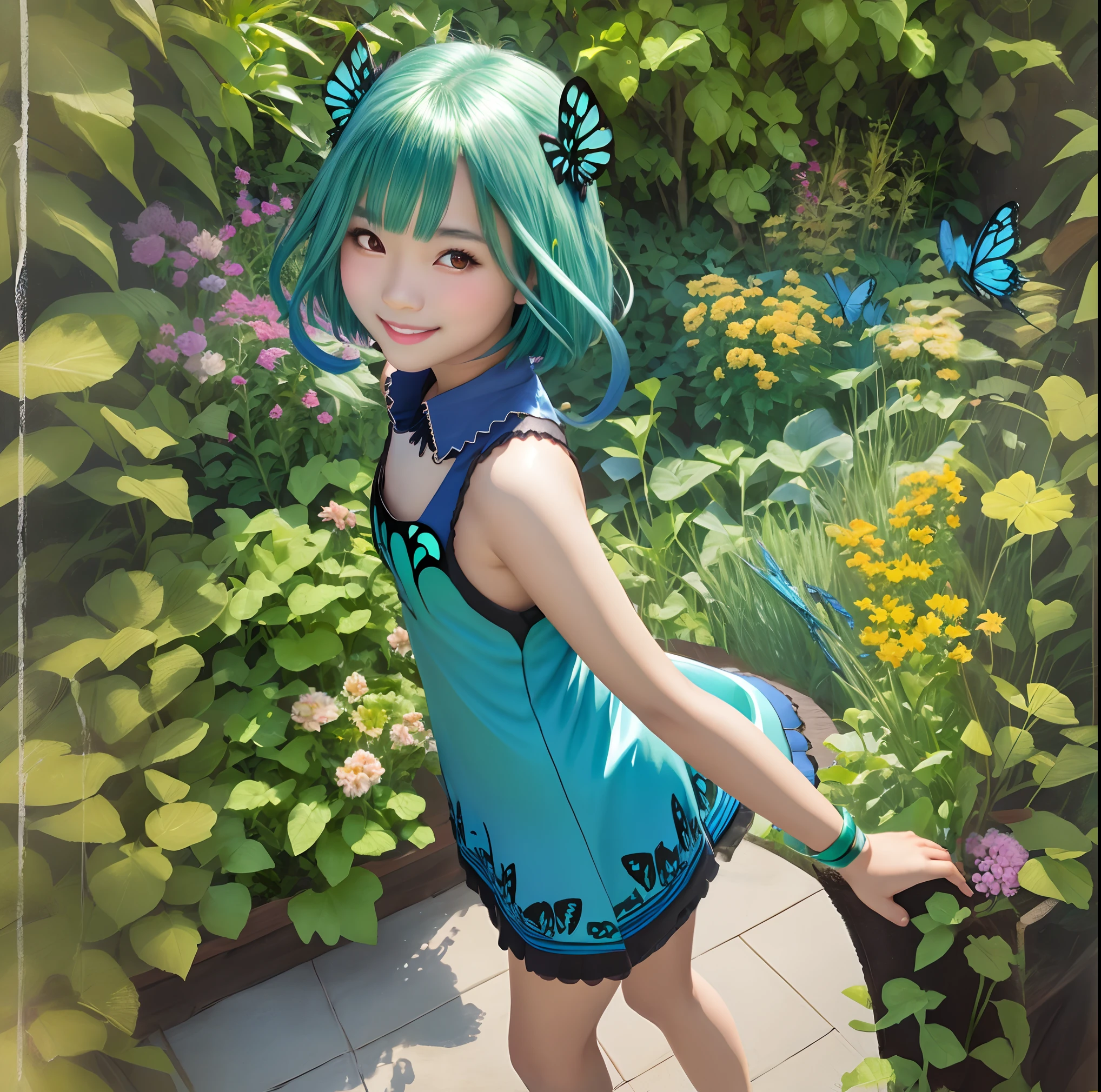 solo, 1girl, photorealistic, a 12 year old girl, beautiful asian girl, looking at viewer, smile, smooth fair skin, rushia_blue, green hair, short hair, blue dress, short dress, butterfly, skull hair ornament, garden