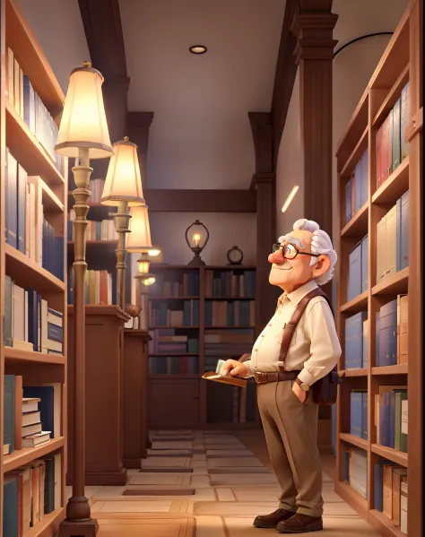 A wise old man standing in front, illuminated by the light of a lamp, against the backdrop of a library