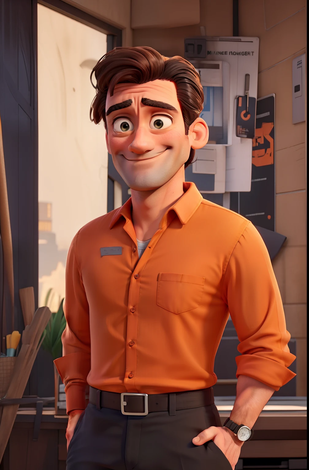 Jon Hamm dressed in an orange shirt and black pants, smiling and pointing to the side with the index finger