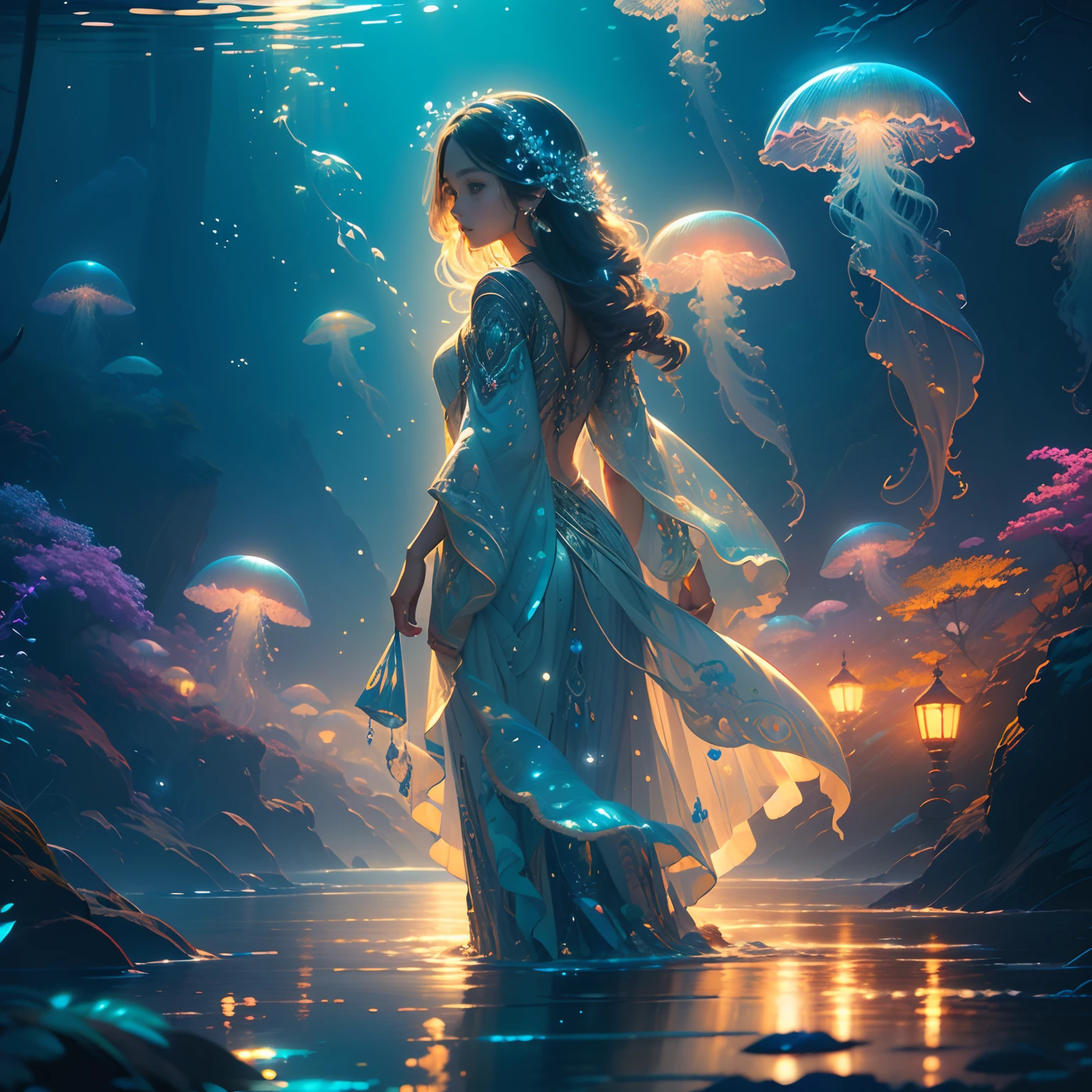 (best quality,4k,8k,highres,masterpiece:1.2),ultra-detailed,(realistic,photorealistic,photo-realistic:1.37),Jellyfish underwater, glowing blue and purple, neon lights, bubbles, seaweed, mesmerizing aquatic scene, ethereal atmosphere, luminescent sea creatures, shimmering bioluminescence, deep-sea exploration, vibrant colors, delicate tendrils, graceful movements, mysterious and enchanting, intricate patterns, tranquil and serene, underwater paradise, surreal illumination, vibrant and vivid hues, a dance of light and color