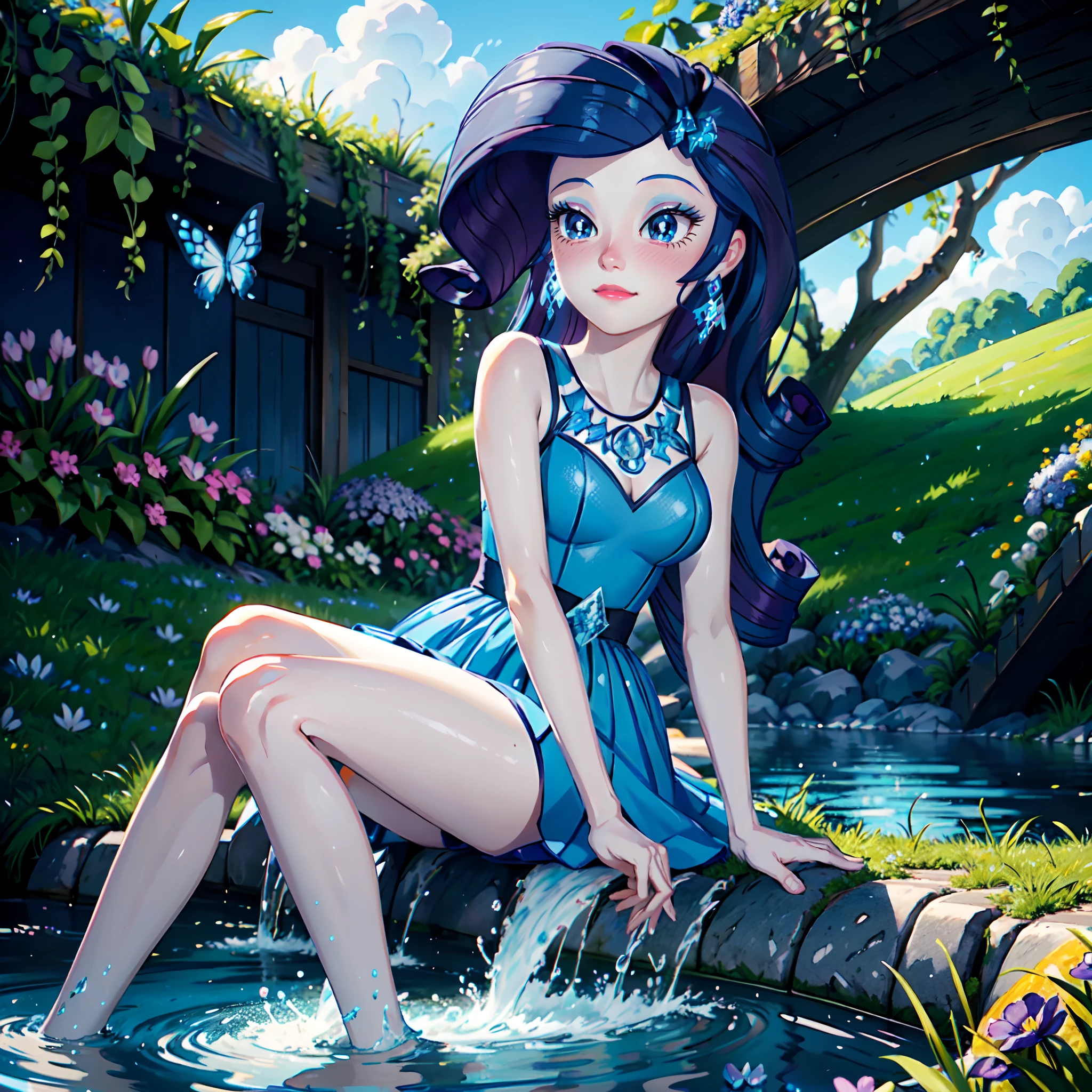 Rarity, rarity from my little pony, rarity in the form of a girl, lushes breast, curvy hips, dark purple curly hair, blue oceanic eyes, white and blue royal dress, in a mythical garden, sitting down on grass, waterfall, blue and white flowers everywhere, barefoot, diamonds earrings, soft decent smile lavender flowers, lily pads on the river, day time, anime sky, beautiful glowing white and blue butterflies, flowers everywhere, leaf vines, clear blue sky, bright day, highly detailed lighting, yellow pour light