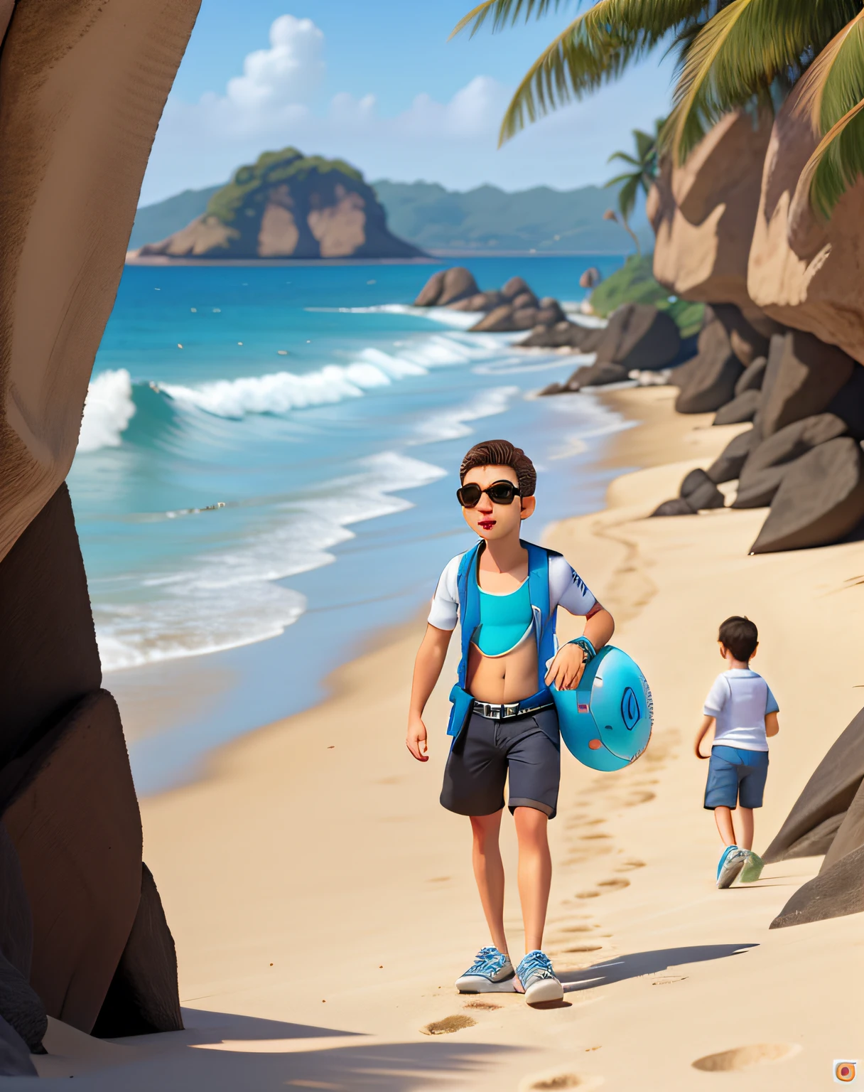 There is a young boy walking on the beach with a frisbee - SeaArt AI