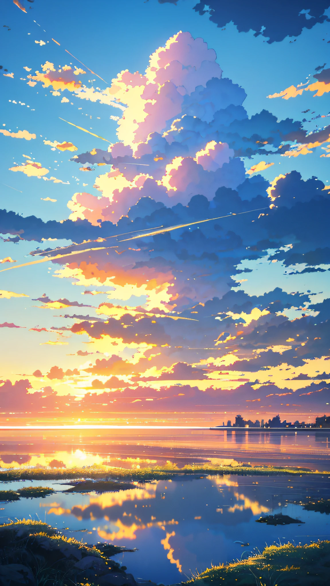 (alta qualidade), (obra de arte), ((paisagem)), trem de anime passando por corpos d’água nos trilhos, céu estrelado brilhante. Trem romântico, pixiv, arte conceitual, Estilo Lofi style, reflexão. por Makoto Shinkai, Estilo Lofi, Linda cena de anime, (Anime paisagem), cenário detalhado - largura 672, in estilo de Makoto Shinkai, estilo de Makoto Shinkai, detalhes aprimorados.