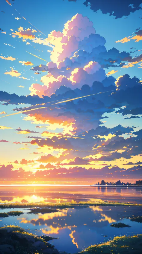 (High quality), (masterpiece), ((landscape)), anime train passing through bodies of water on tracks, bright starry sky. Romantic...