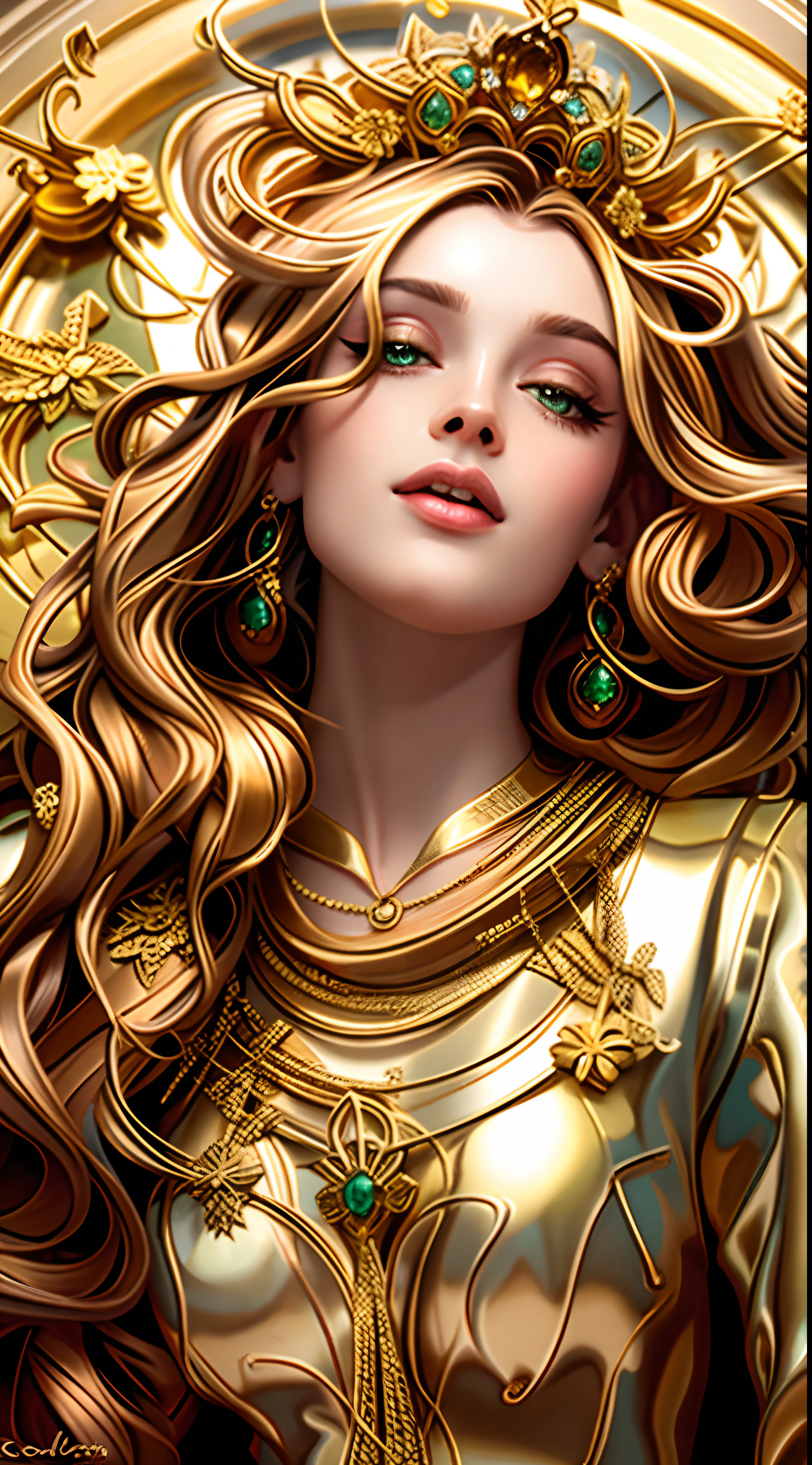 a close up of a woman with long blonde hair wearing a gold necklace, Karol behind uhd, coberto de ouro, golden ornaments, Golden jewelry, style of karol bak, golden ornaments, goddess. extreme hight detail, Draped in shiny golden oil, gold jewellery, gilded with gold, hyperrealistic art nouveau, Ouro Jewerly, gold jewellery