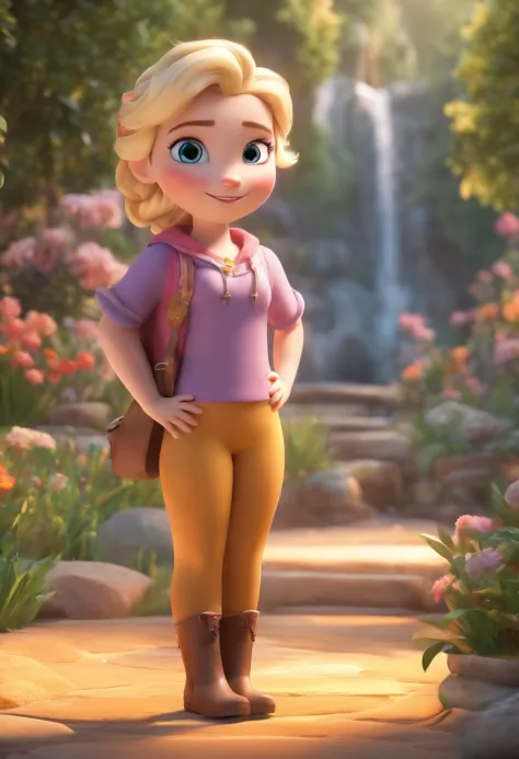 A masterpiece of photorealistic ultra-detailed CG render in the highest resolution 8k wallpaper, depicting Elsa in Chibi style. She stands alone, with a smiling face, looking directly at the viewer. The scene takes place outdoors and shows her full body.
