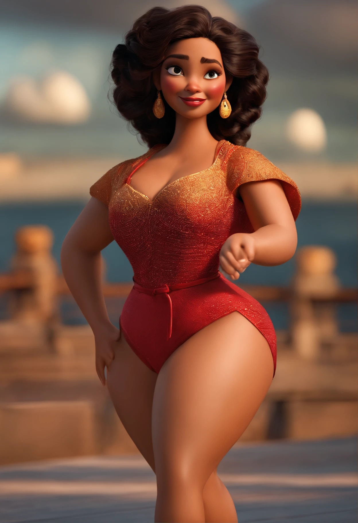 A woman in a red swimsuit and gold earrings is posing - SeaArt AI