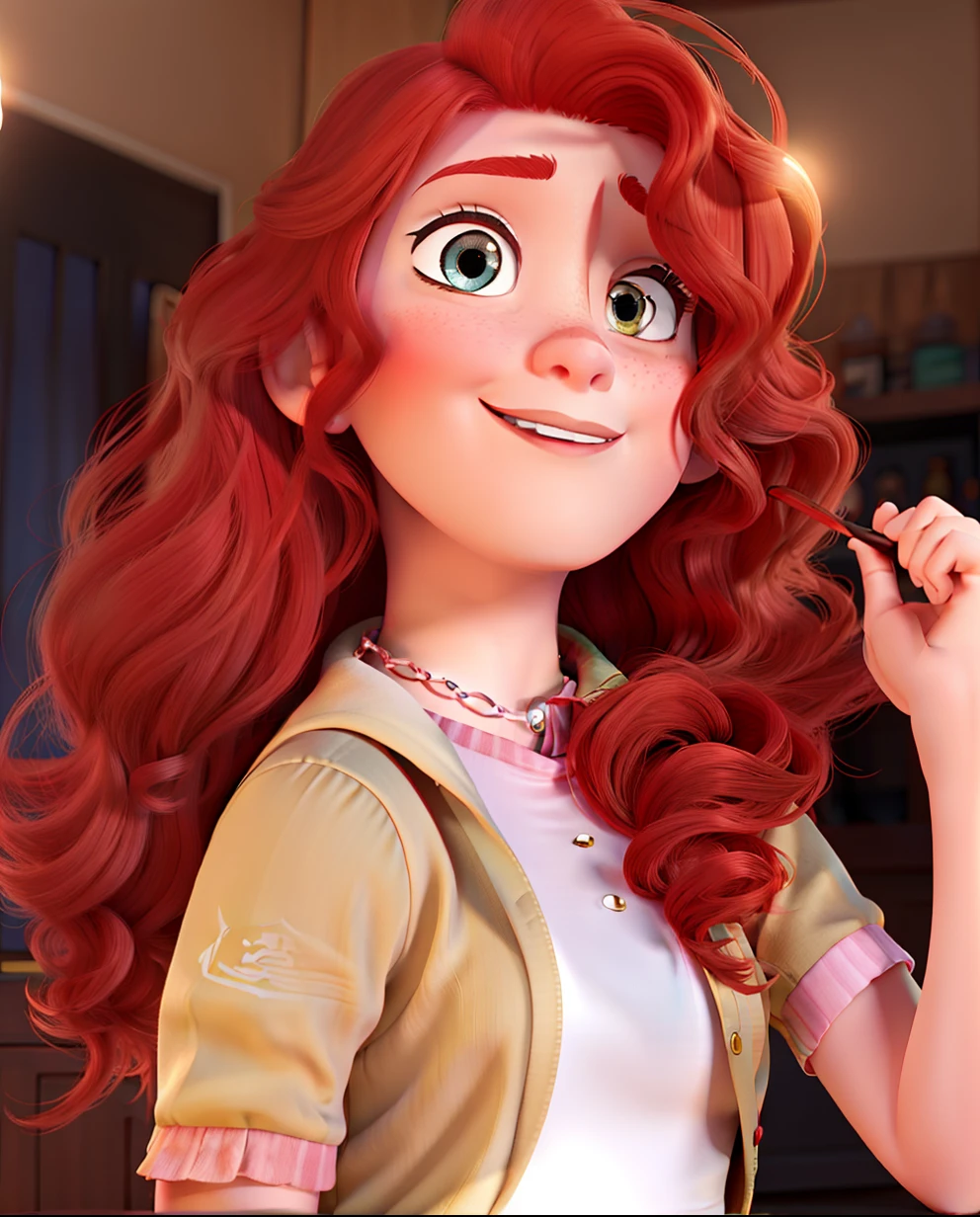 A close up of a cartoon girl with red hair and a necklace - SeaArt AI