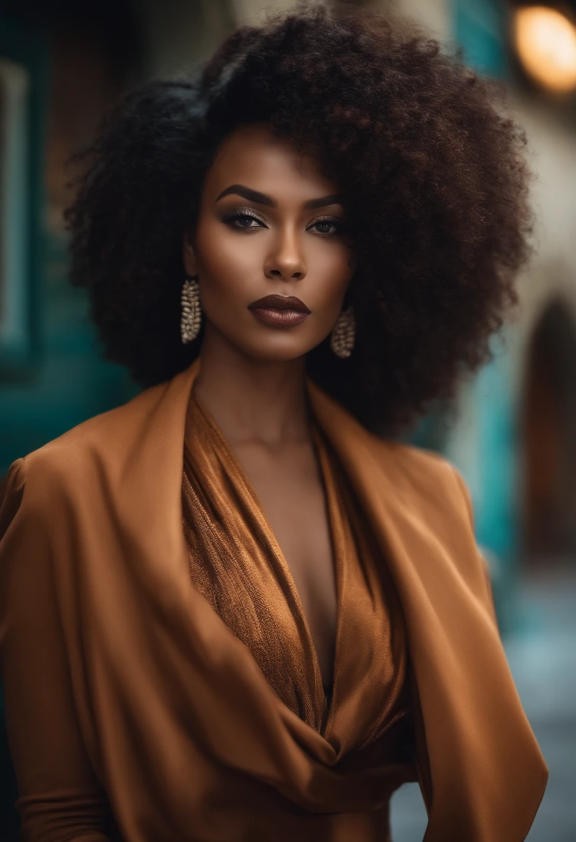 A woman with an afro wearing a brown dress and earrings - SeaArt AI